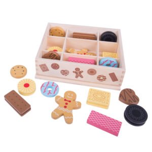 Houten speelgoed koekjesbox met kleurrijke speelkoekjes voor kinderen Bigjigs Houten Kistje met Koekjes