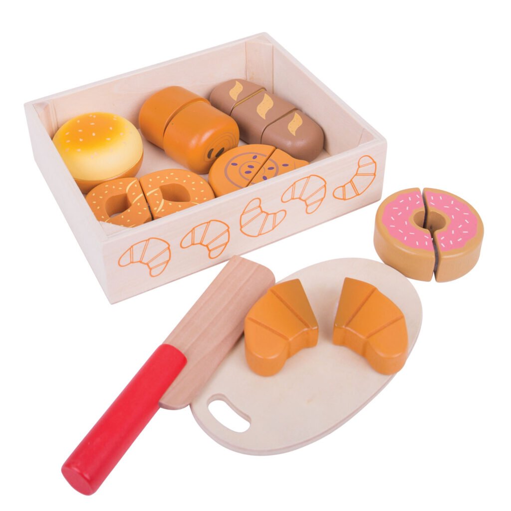 Houten speelgoed ontbijtset met croissant donut en snijplank Bigjigs Houten Kistje met Snijbrood