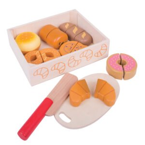 Houten speelgoed ontbijtset met croissant donut en snijplank Bigjigs Houten Kistje met Snijbrood