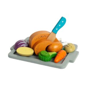 Houten speelgoed snijvoedsel op tray met speelmes Bigjigs Houten Gebraden Diner Speelset