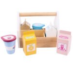 Houten speelgoed zuivel bezorgset met melkpakken en yoghurtbekers Bigjigs Houten Kistje met Zuivelproducten