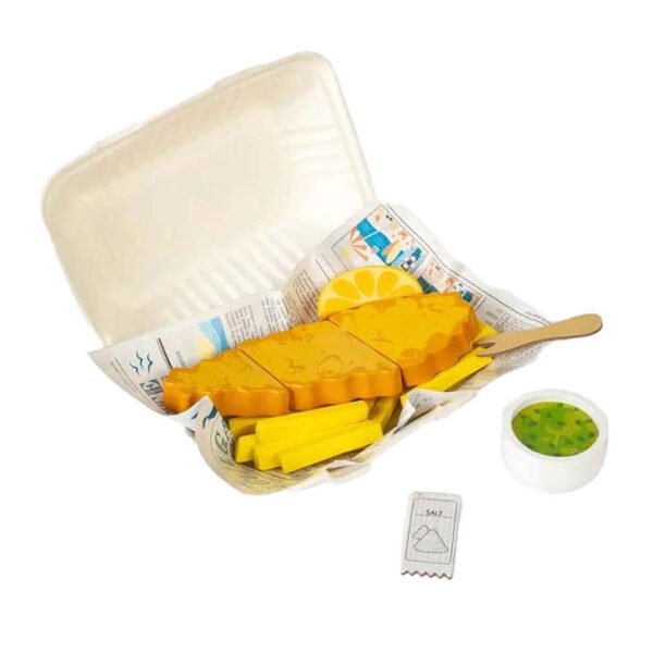 Kinder speelgoed fish and chips maaltijd in biologisch takeaway doosje Bigjigs Houten Vis en Friet Speelset