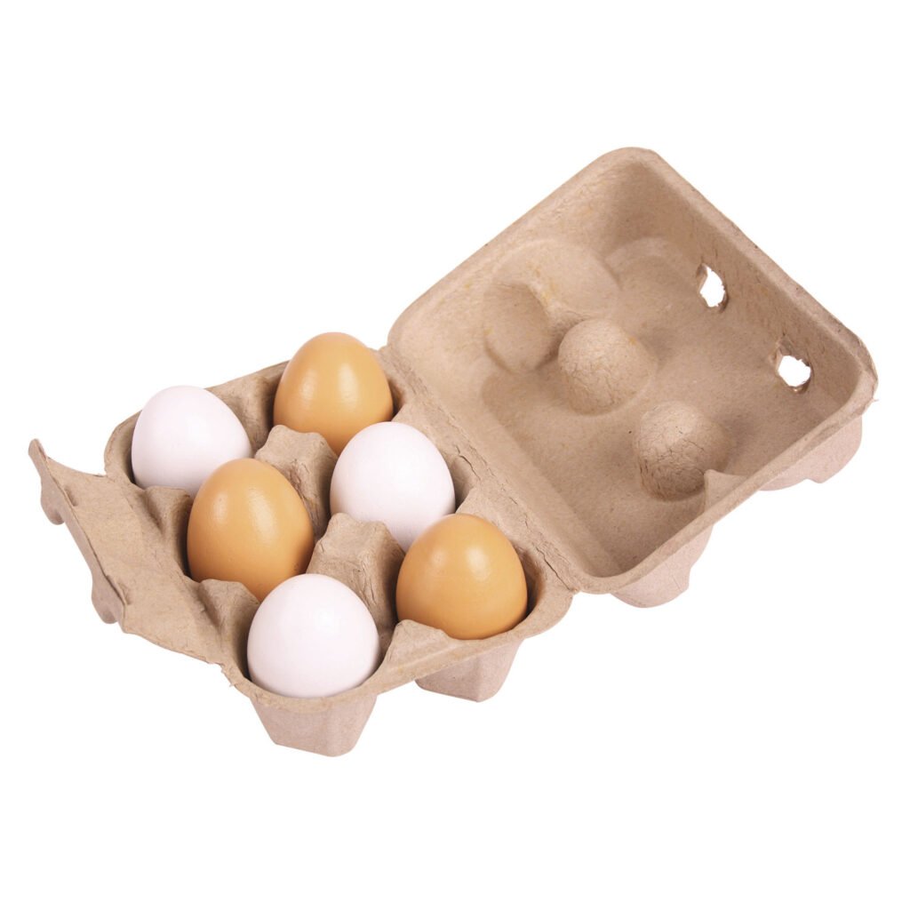 Open eierdoos met bruine en witte eieren Bigjigs Kartonnen Doosje met Houten Eieren