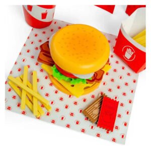 Speelgoed hamburger menu van hout met frietjes en sauszakjes