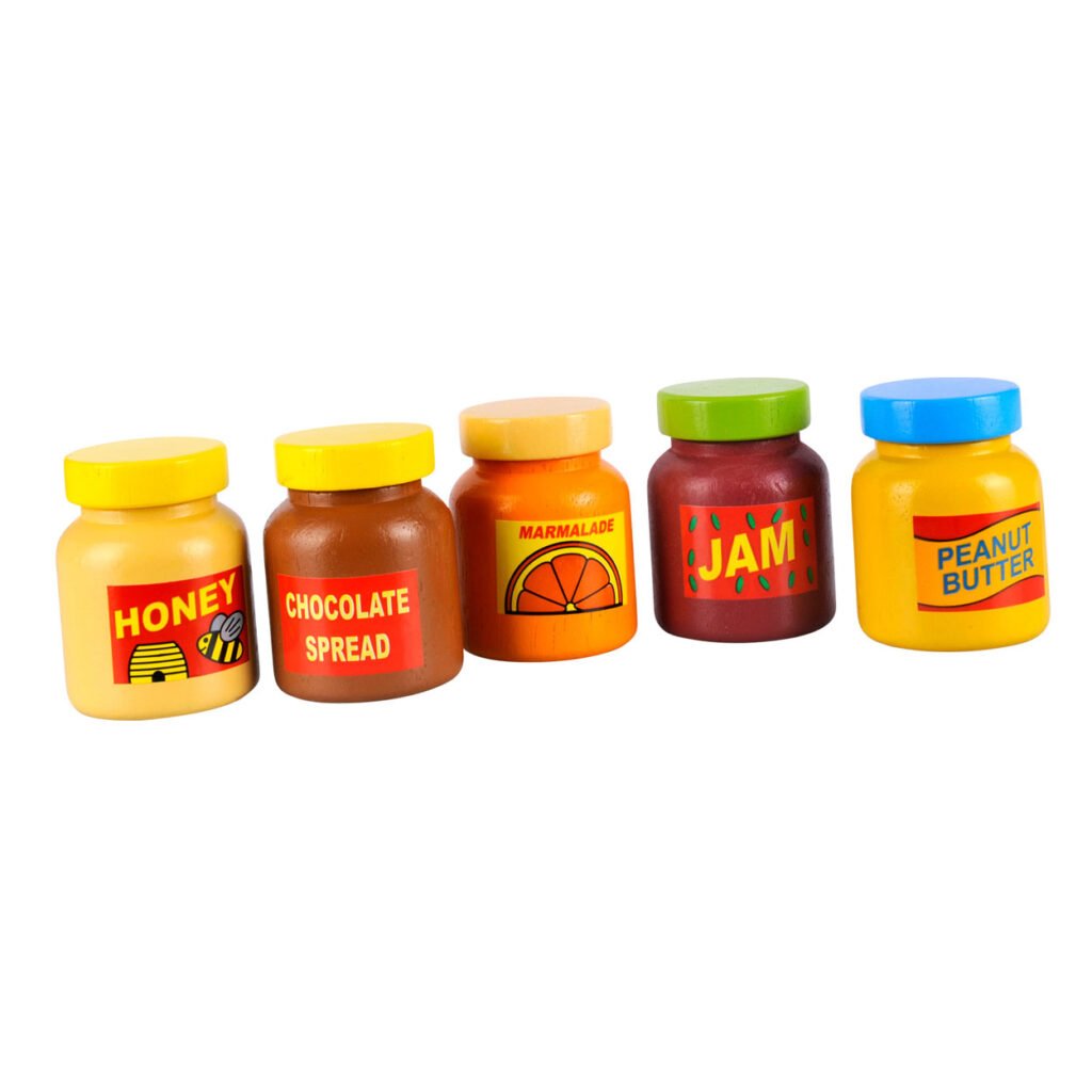Speelgoed potjes met honing, chocoladepasta, marmelade, jam en pindakaas Bigjigs Potje Broodbeleg Hout