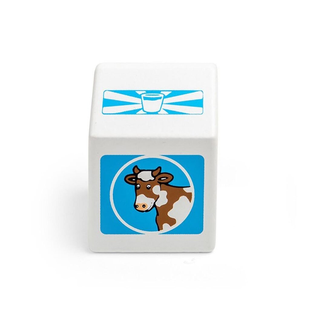Witte speelblok met koe illustratie en melk pictogram Bigjigs Houten Melkpak