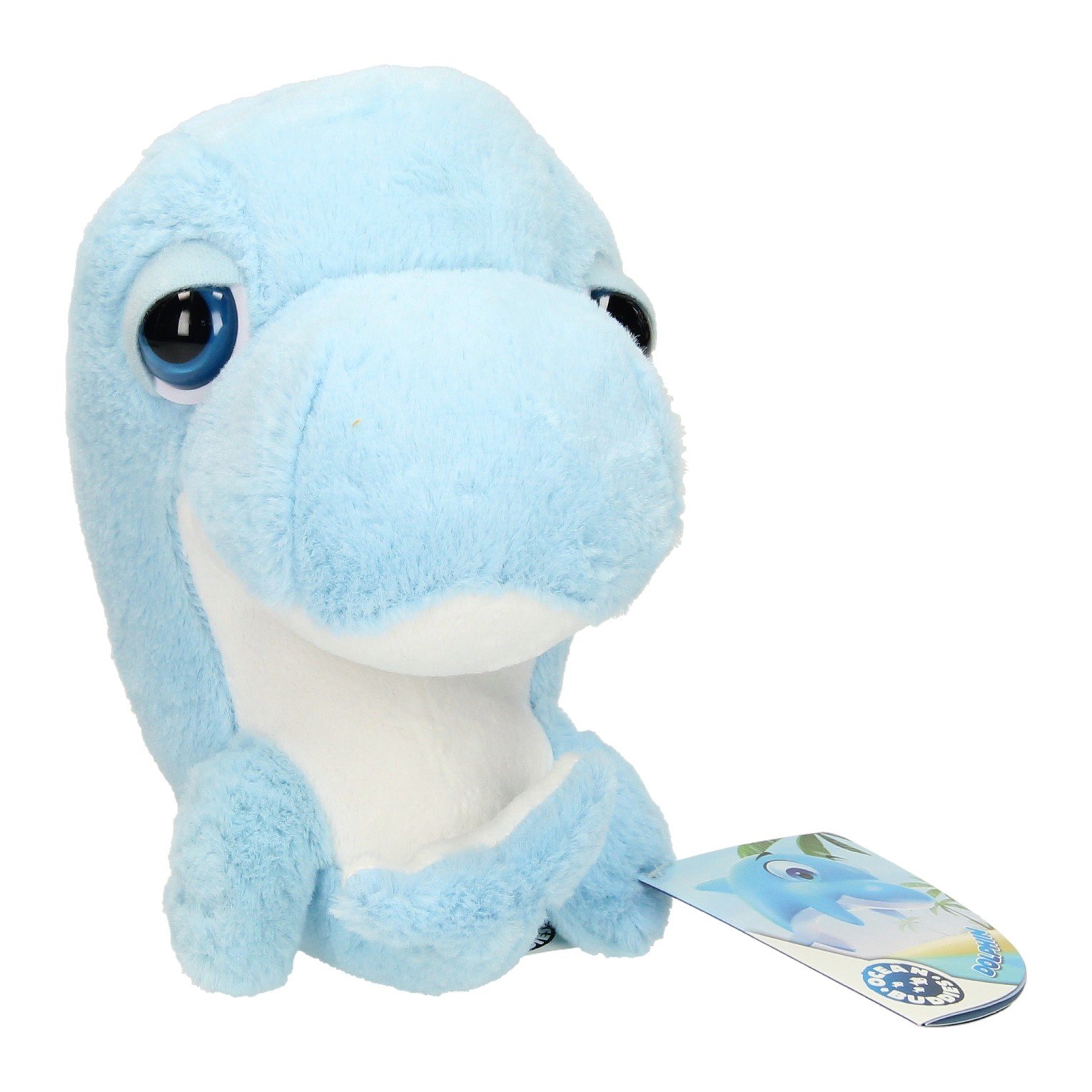 blauw-dolfijn-knuffel-pluche Blauw dolfijn knuffeldier met zachte pluche en zichtbare verpakking op witte achtergrond Knuffel Big Head Pluche Dolfijn