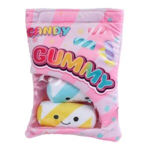 Candy gummy knuffelset in roze verpakking met zachte plush rolletjes. Fluffy Menu Snackzakje met Pluchen Snoepjes