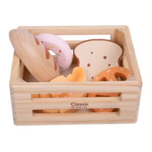 Houten broodmand met speelgoed broodjes en donut