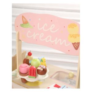 Houten ijsjeskar speelgoed met roze ice cream bord en houten ijsjes