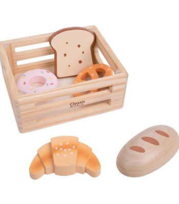 Houten speelgoed bakkerijset met brood, donut en croissant Classic World Houten Krat met Brood