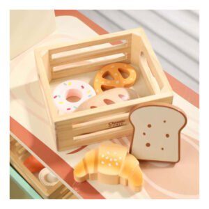 Houten speelgoed broodmand met croissant, donut en broodjes