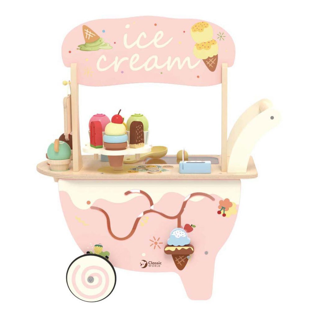 Voorkant van roze houten ice cream cart speelgoedkar Classic World Houten IJscokar