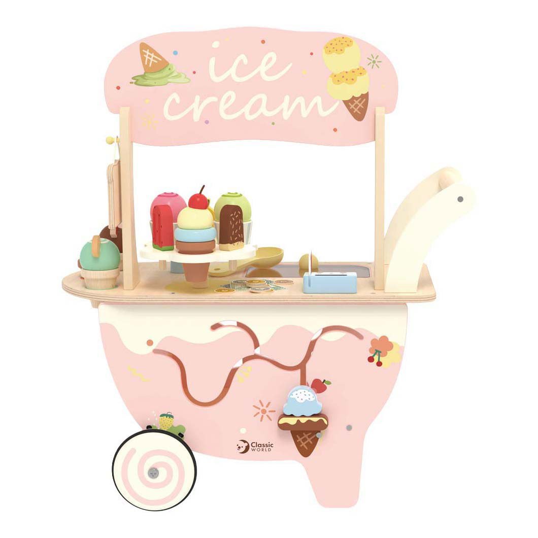 classic-world-voorkant-roze-houten-ice-cream-cart-speelgoedkar Voorkant van roze houten ice cream cart speelgoedkar Classic World Houten IJscokar