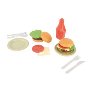 Bioplastic speelgoed hamburgers met ketchup en servies