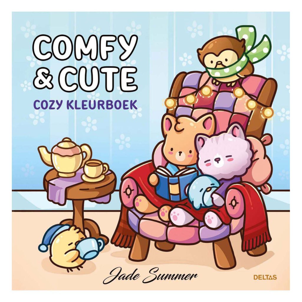 Voorkant van Comfy & Cute cozy kleurboek met knusse dieren in fauteuil Comfy Cute Cozy Kleurboek