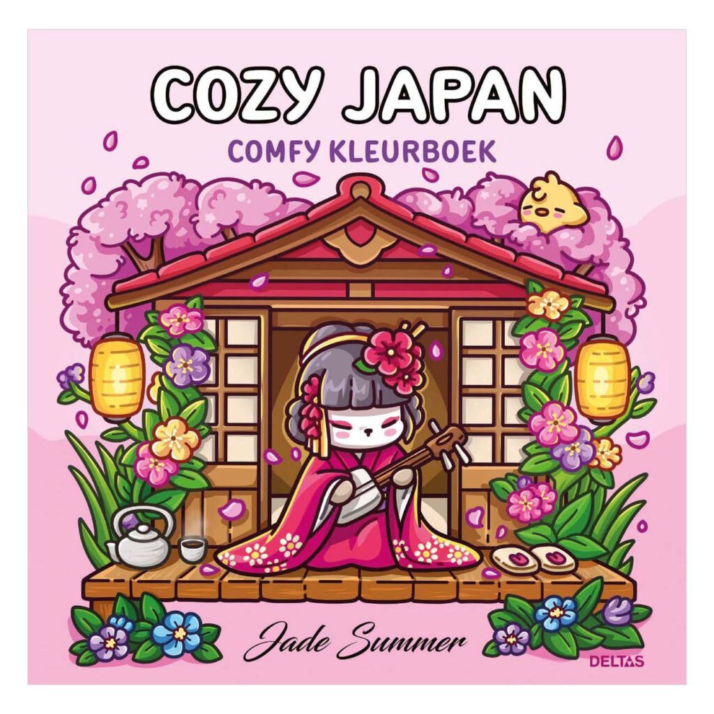 Voorkant van Cozy Japan comfy kleurboek met kawaii Japanse illustratie en bloemen Cozy Japan Comfy kleurboek Jade Summer
