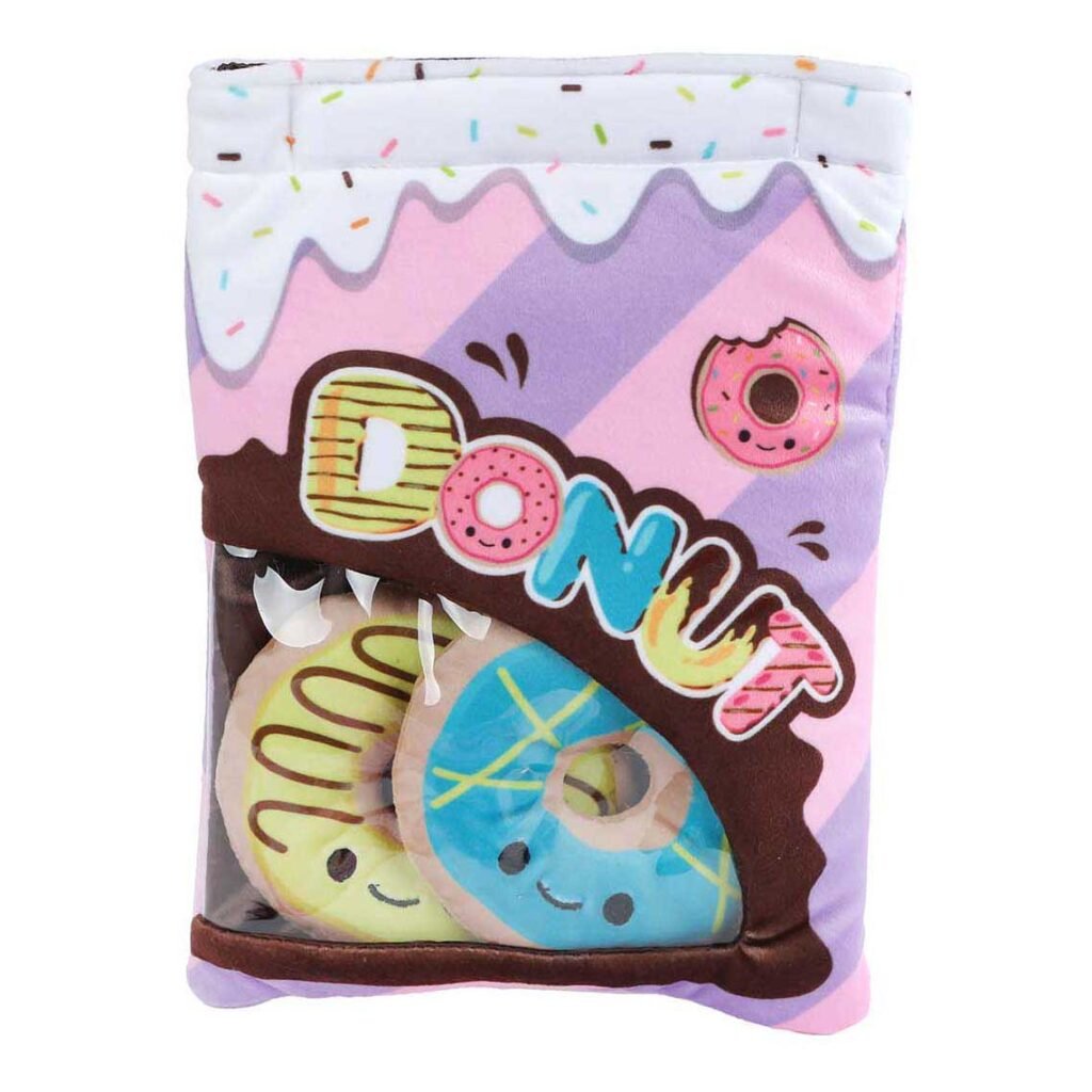 Donut kussen set in kleurrijke verpakking met kawaii ontwerp. Fluffy Menu Snackzakje met Pluchen Donuts