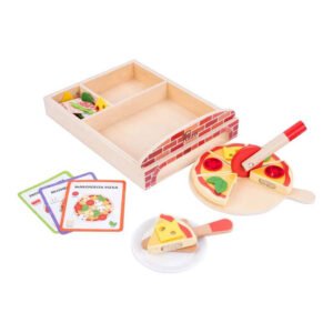 Houten pizza speelgoedset met toppings en pizzakaarten