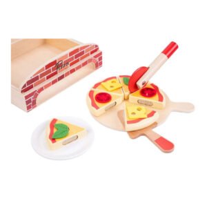 Houten speelgoed pizza oven met snijpizza en pizzasnijder
