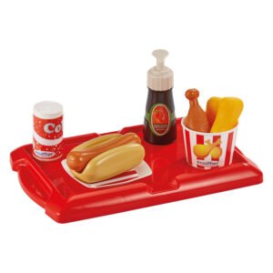 Fastfood speelgoedset op rood serveerblad