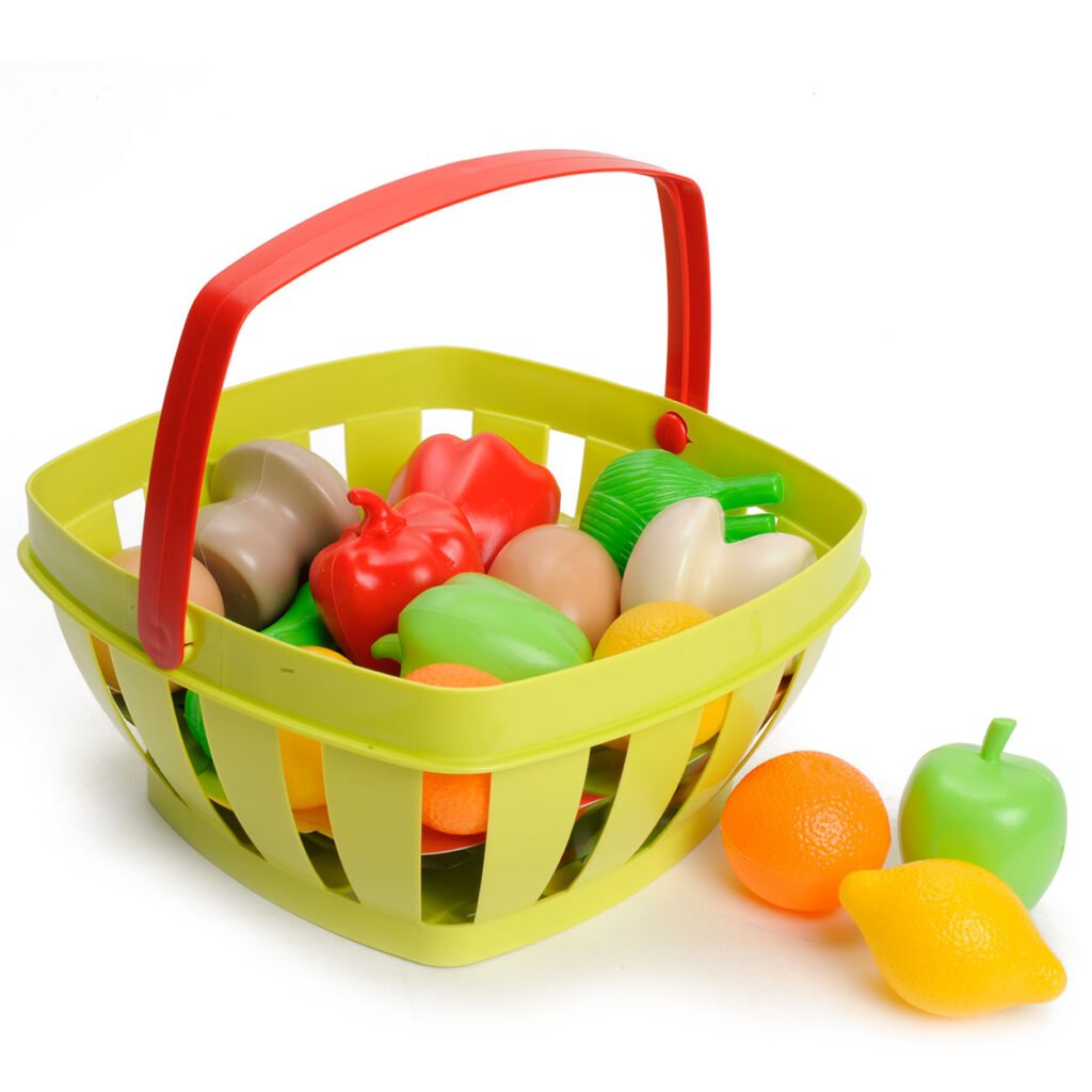 Kinder boodschappenmand met speelgoed fruit en groenten in kleurrijke mand Ecoiffier 100% Chef Groenten en Fruit in Mand