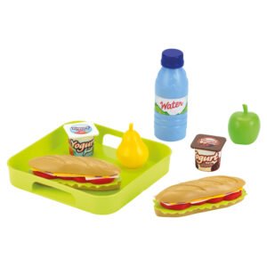 Kinder speelgoed lunchpakket met broodje, yoghurt, fruit en waterfles Ecoiffier 100% Chef Sandwich Set met Dienblad