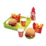 Speelgoed fastfood set met hamburgers, friet en ketchup op dienblad Chef Hamburgerset op Dienblad