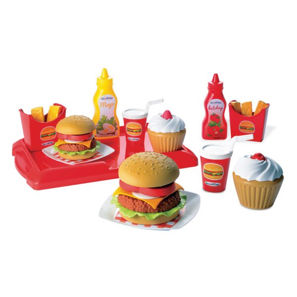 Speelgoed fastfood set met hamburgers, friet, sausjes en cupcake voor kinderen Ecoiffier 100% Chef Hamburgerset