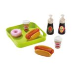 Speelgoed fastfoodset met hotdogs, donut en sausflesjes op groen dienblad Ecoiffier Speeleten Speelset