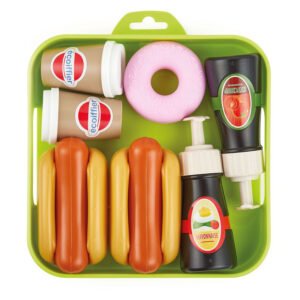 Speelgoed lunchset met hotdogs, koffiebekers en ketchup in groene tray