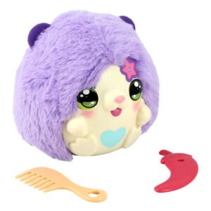 Paarse Kiss Meez interactieve knuffel met kam en accessoire schuin gefotografeerd
