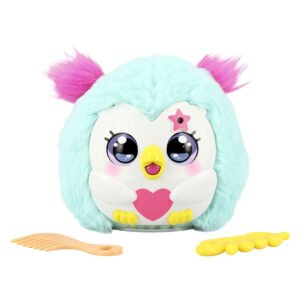 Funtasy Family Kiss-Meez Uil Interactieve Knuffel pluche close-up met grote ogen en roze ster op voorhoofd