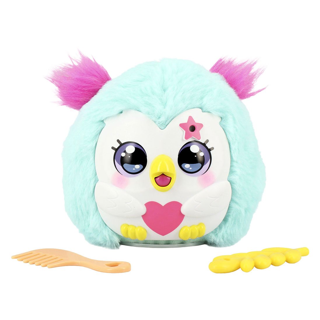 funtasy-family-kiss-meez-knuffel-pluche-closeup Funtasy Family Kiss-Meez Uil Interactieve Knuffel pluche close-up met grote ogen en roze ster op voorhoofd