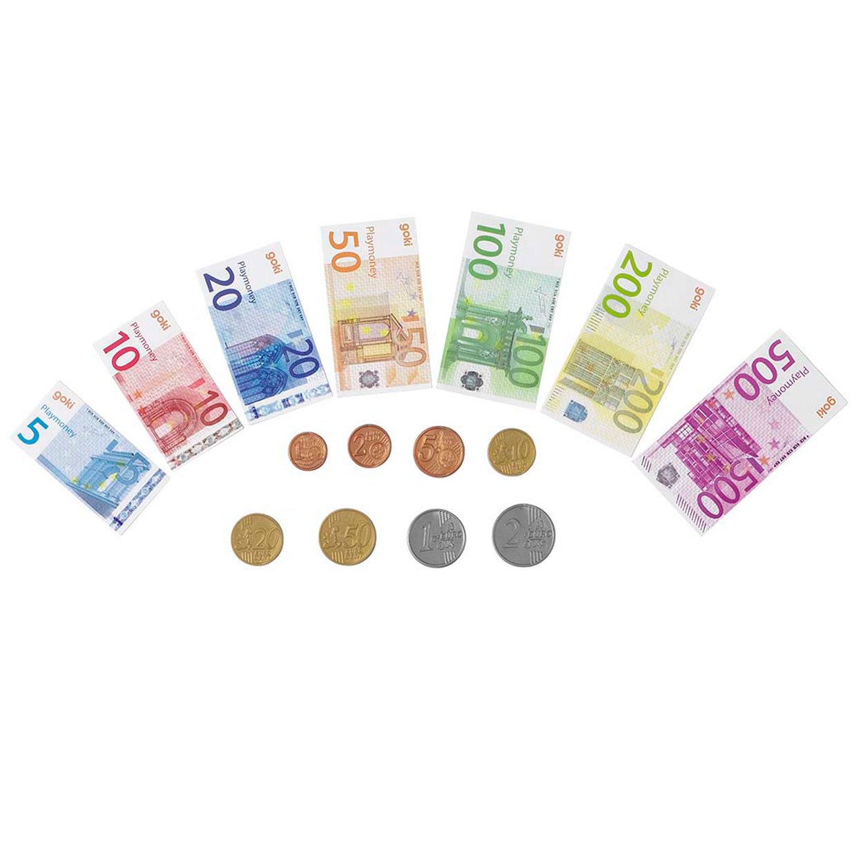 goki-euro-bankbiljetten-en-euromunten-overzicht Euro bankbiljetten en euromunten overzicht op witte achtergrond Goki Speelgeld