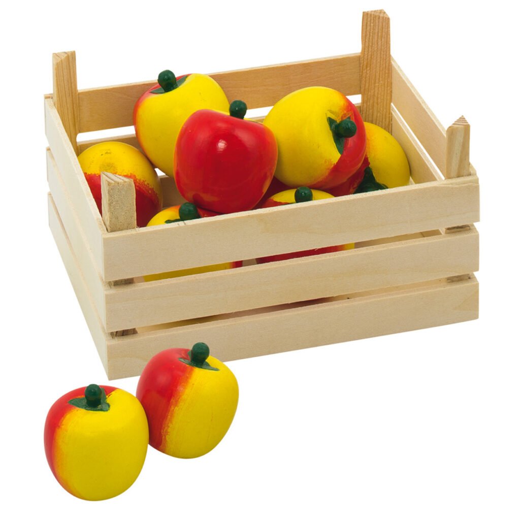 Houten krat gevuld met rood-gele decoratieappels Goki Houten Appels in Kist