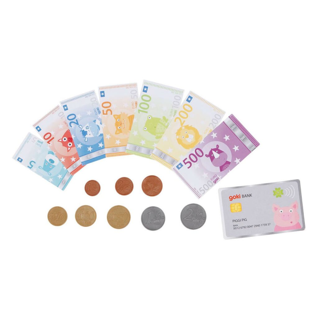 Speelgeld set met kleurrijke eurobiljetten, munten en speelgoed bankpas van Goki Goki Speelgeld Dieren met Creditcard en Muntgeld