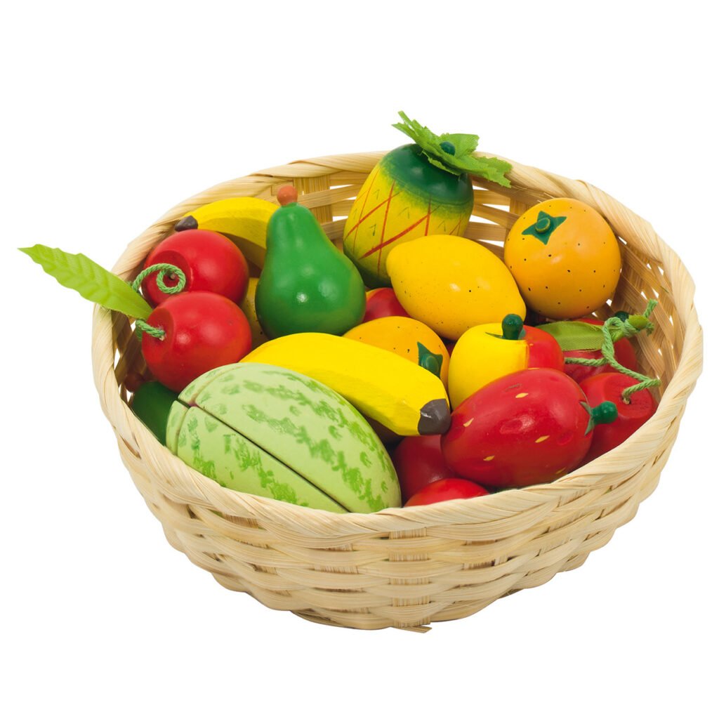 Speelgoed fruitmand met kleurrijk houten fruit voor kinderen Goki Fruit in een Mand
