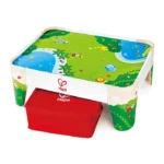 Hape Houten Treinbaan Speeltafel met vrolijke dierenprint en rode opbergbox, klaar voor speelplezier