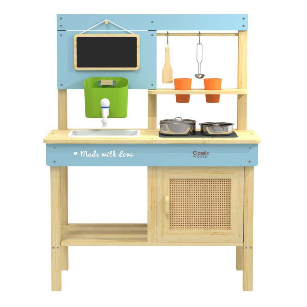 Classic World houten Buiten Speelkeuken met Accessoires met wasbak fornuis en opbergkast detail