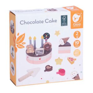 Doos voorzijde van houten chocoladetaart speelgoed voor peuters