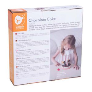 Verpakking achterzijde van houten chocoladetaart speelgoedset van Classic World