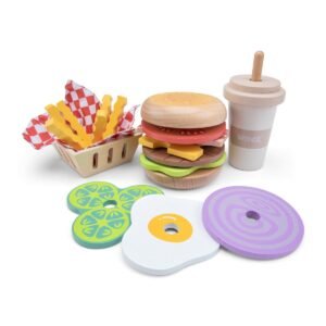 Houten fastfood speelgoedset met losse burger ingrediënten