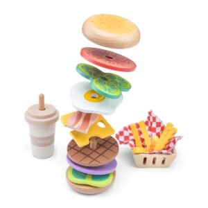 Stapelbare houten speelgoedburger met friet en drinkbeker