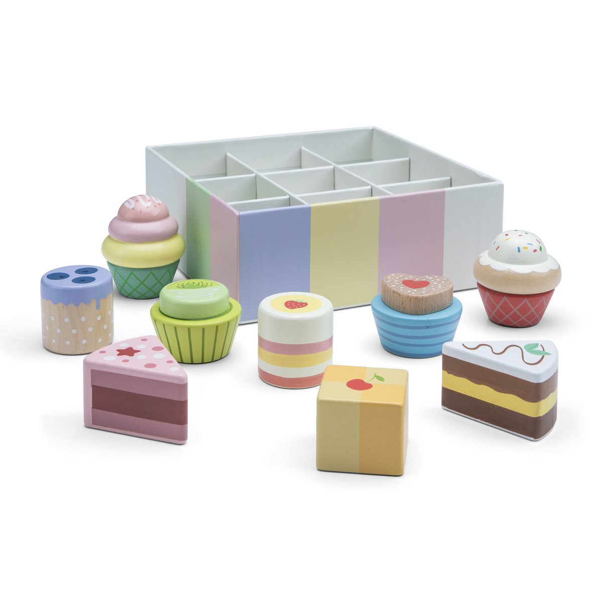 houten-gebakjes-speelgoedset-desserts-opbergbox-pastel Woet Houten Gebakjes set met opbergbox en pastel gebakjes