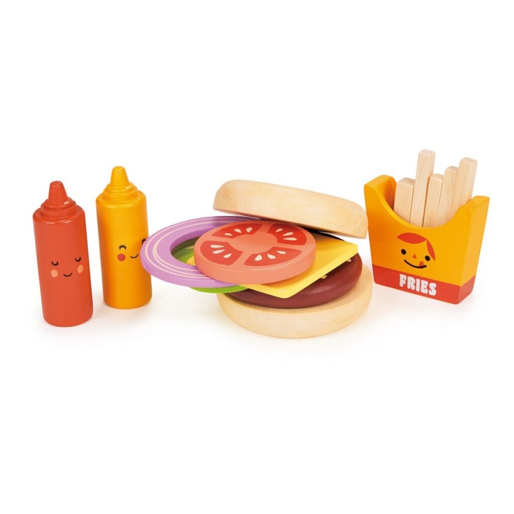 Mentari Houten Take-Out Hamburger Set met frietjes en sausflesjes