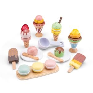 Houten ijs speelgoed met macarons en ijslolly’s