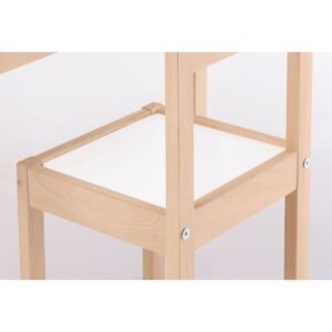 Houten kinderstoel inbouw van poten en steunbalken detail