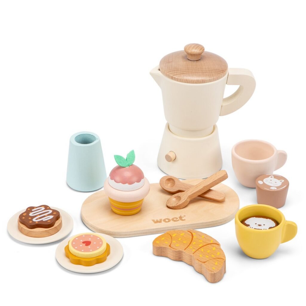 Pastelkleurige Woet Houten Percolator koffieset voor kinderkeuken