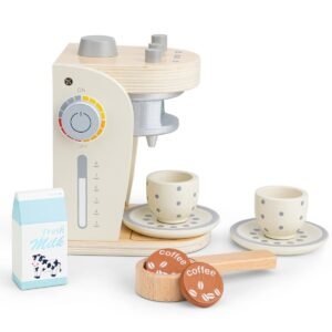 Houten kinder koffiezetapparaat met kopjes en koffiepads